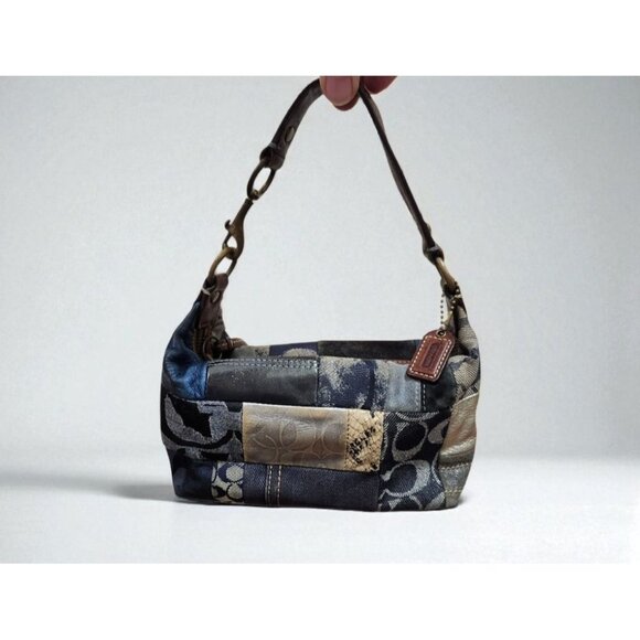 COACH Patchwork Denim Flower Print Accessory Pouch Mini Bag Indigo Canvas RARE - Picture 1 of 16
